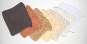knitted dishcloths in whites, cream, browns and rust
