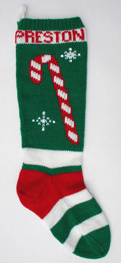 stocking with candy cane picture and snowflakes, front side
