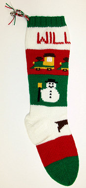 stocking with train, snowman, reindeer -- left side