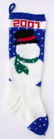 full stocking snowman on blue background, back view