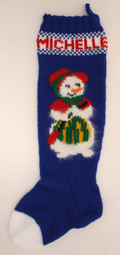 detailed Mrs. snowman picture on blue stocking