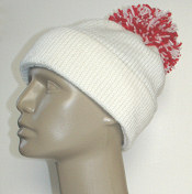hemmed white beanie with red and white pompom