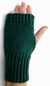 knitted fingerless mittens, hunter green, top view