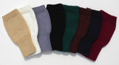 knitted fingerless mittens in various colors