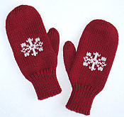 dark red mittens with white snowflakes