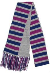 striped two-sided scarf: gray, navy, and mulberry