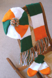 scarf, beret, and mittens in colors of Irish flag
