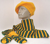 scarf, beret, and mittens in jewel-tone stripes