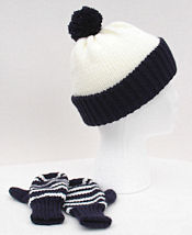 matching beanie and mittens in white and navy blue