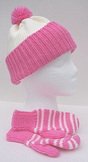 matching hat and mittens, bright pink and white